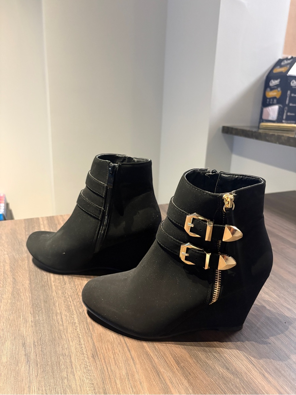 Forever 21 Black Wedge Ankle Boots with Gold Buckle Accents